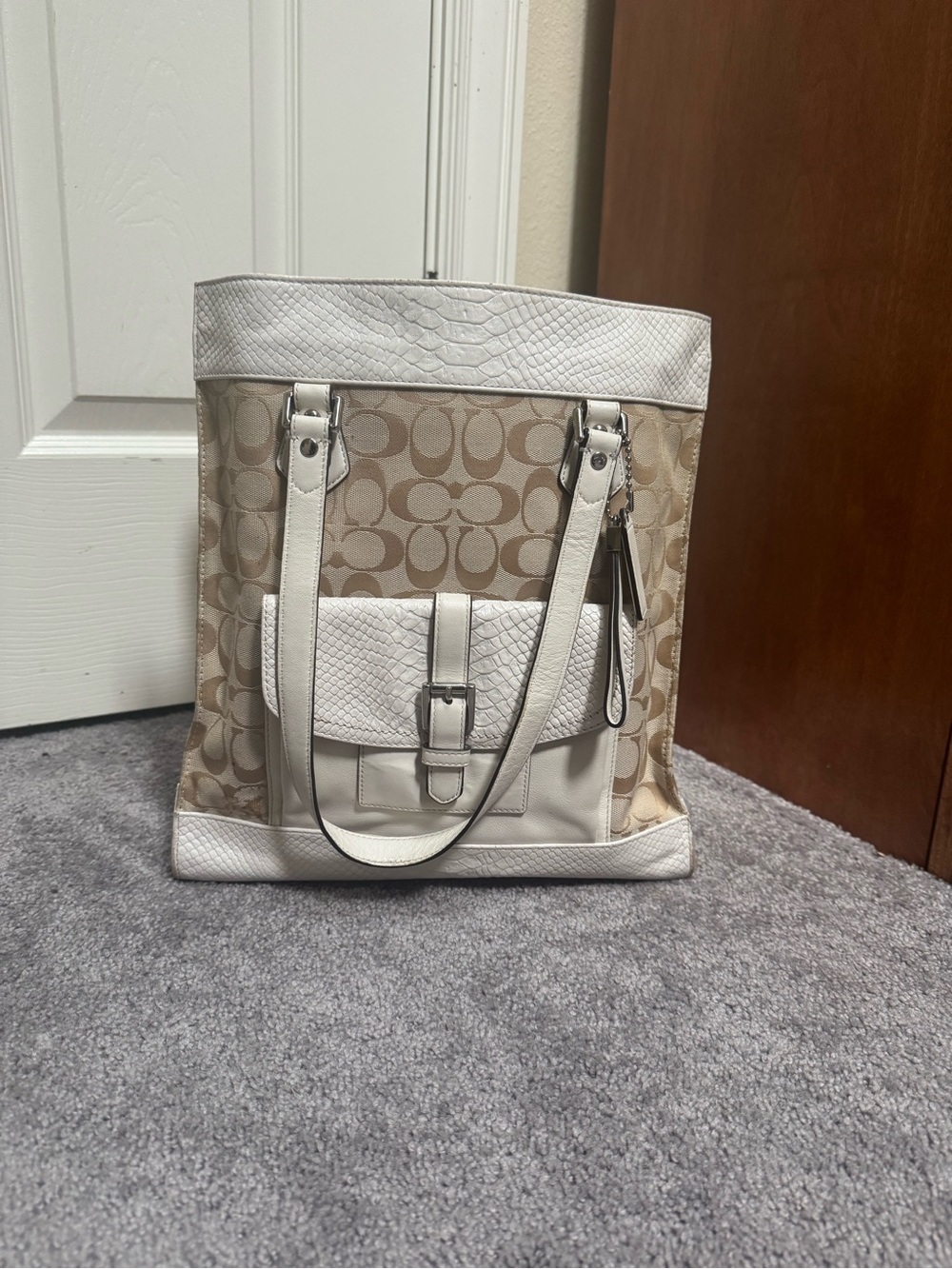 Coach Beige Signature Canvas Tote with White Trim and Front Buckle Pocket